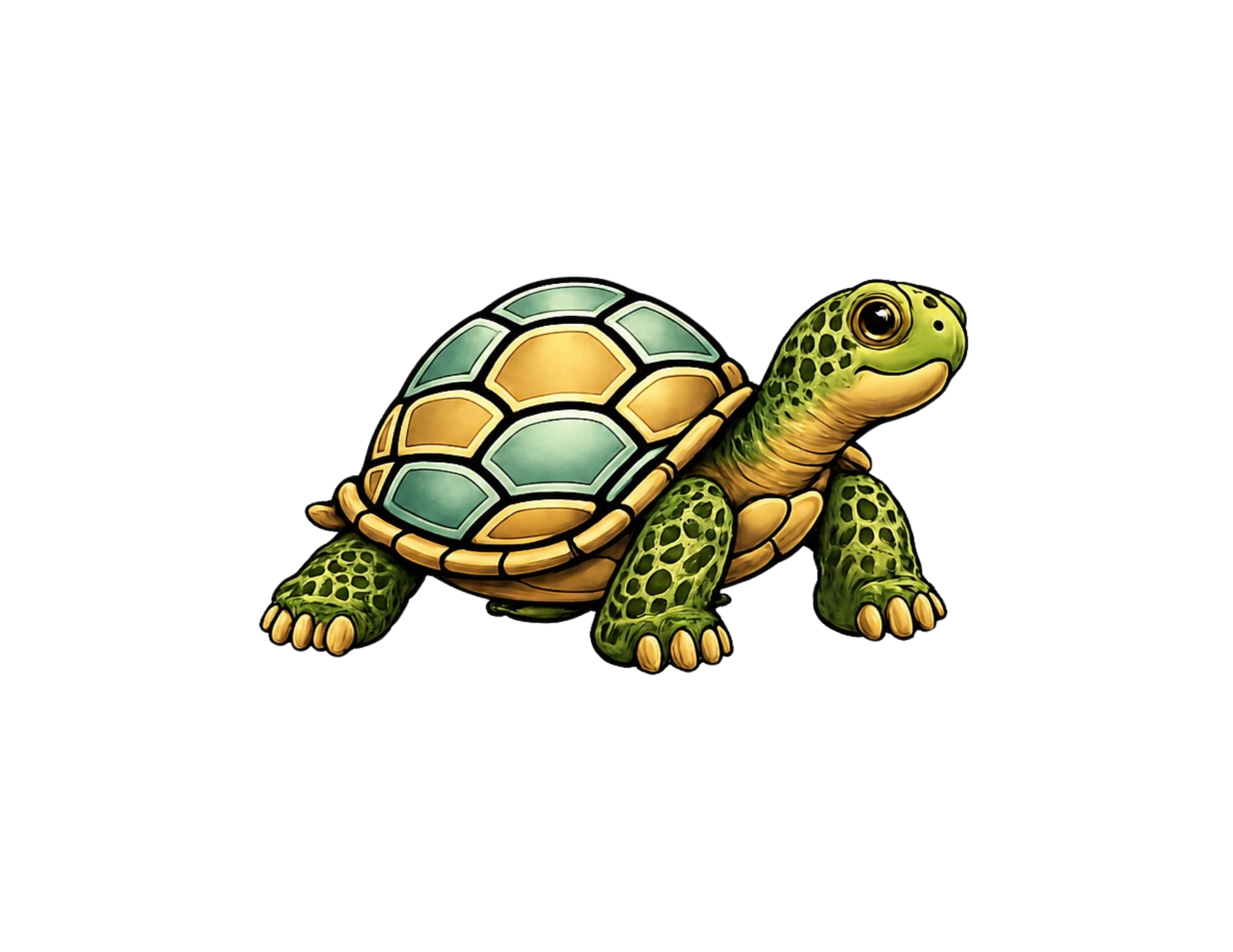 Cartoon illustration of a young green turtle with a patterned shell and large eyes.