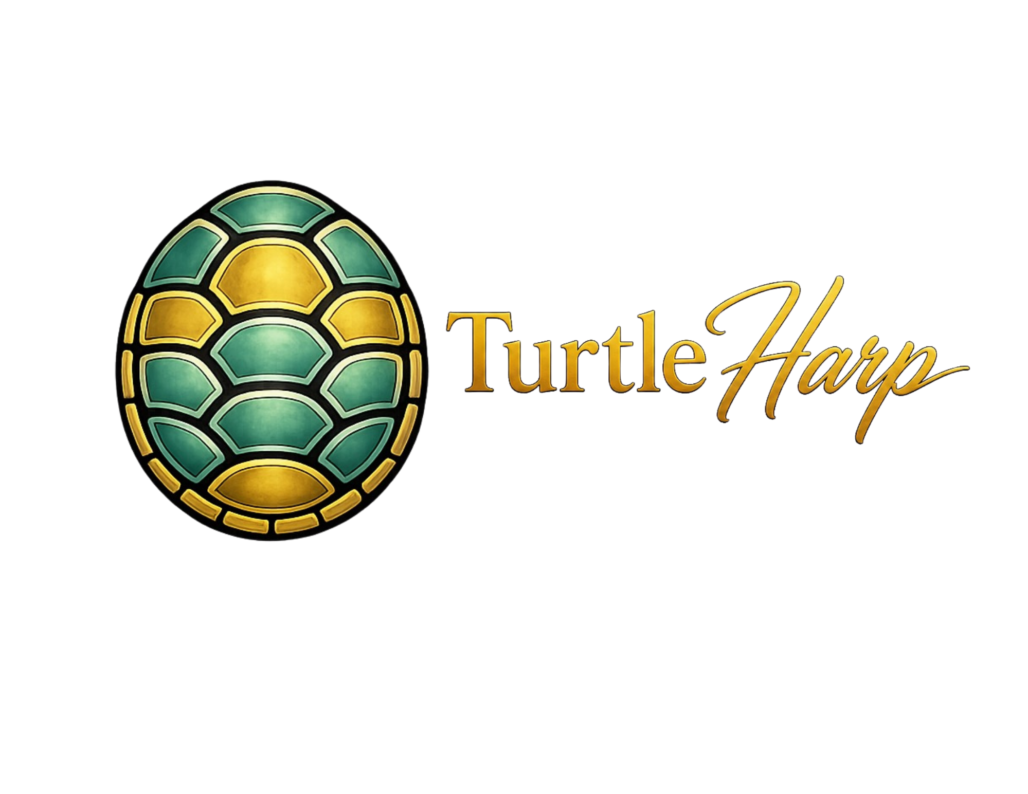 A stylized turtle shell logo with the text "Turtle Harp" in gold and colorful font.