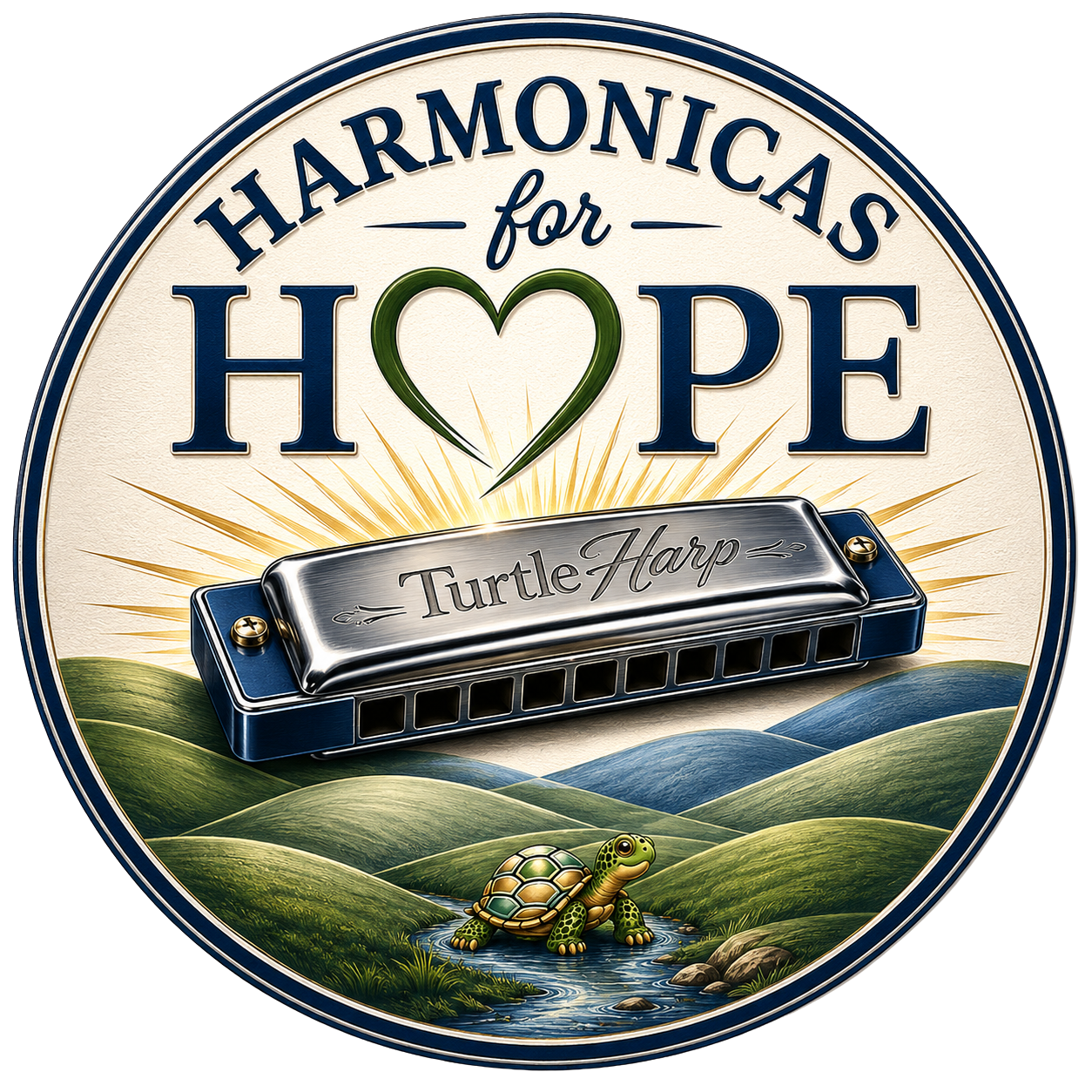 Circular logo with the text 'Harmonicas for Hope', a green heart-shaped 'O', a turtle playing a turtle harp, and a landscape with a turtle near a stream.