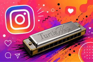 Instagram logo and a harmonica titled 'Turtle Harp' on a colorful background with abstract shapes and splashes of paint.