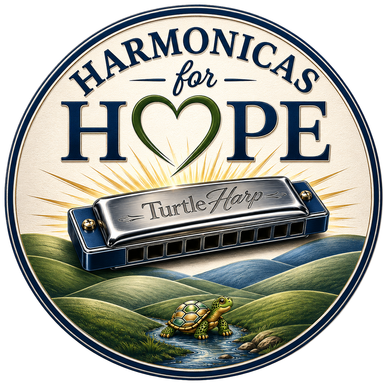 Album cover titled 'Harmonicas for Hope' featuring a blue and silver harmonica with the words 'Turtle Harp' engraved, a green heart in place of the letter 'O' in 'Hope', a landscape with rolling green hills, a small stream, and a turtle, with rays of sunlight in the background.