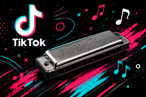 TikTok logo with a harmonica labeled "Turtle Harp" on a colorful black background with pink, blue, and white streaks and musical notes.
