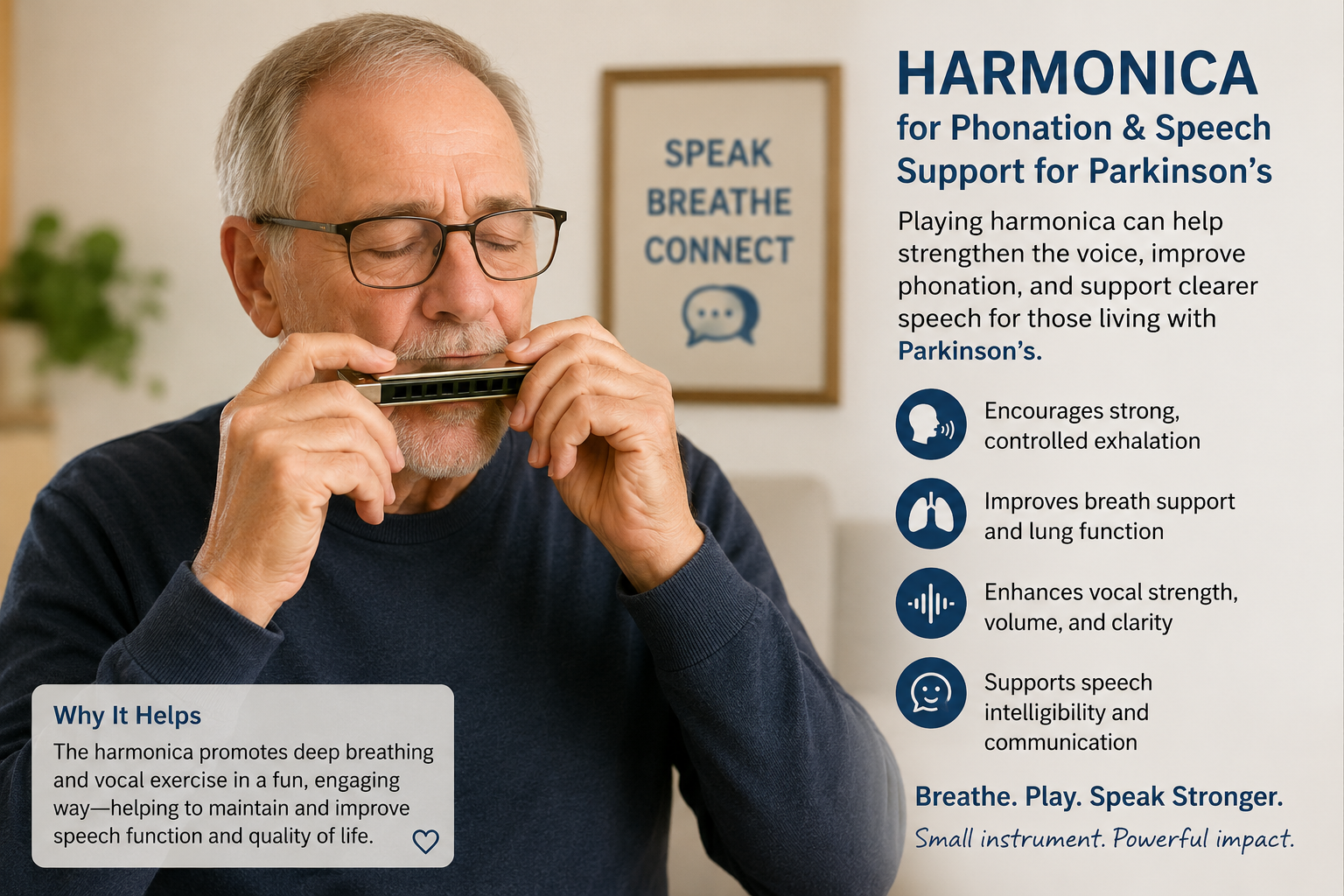 Man playing the harmonica to improve phonation and speech
