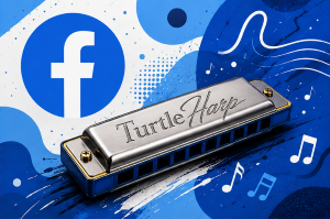 A metal harmonica labeled 'Turtle Harp' on a blue background with Facebook logo and musical notes.