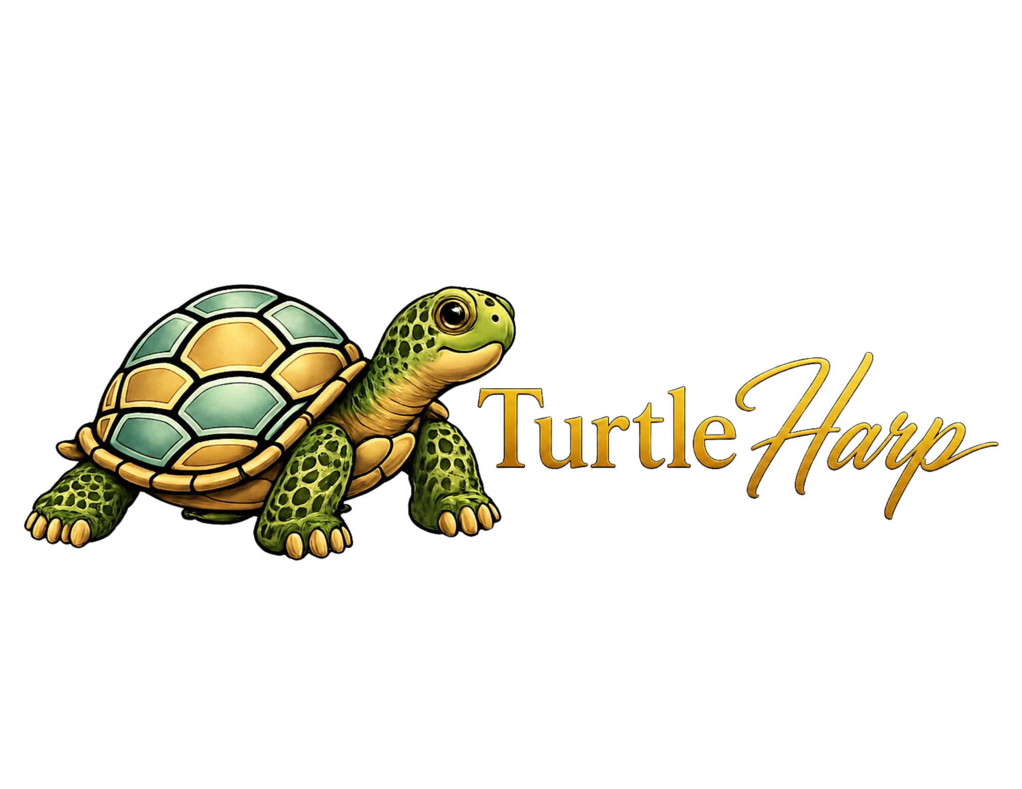 Colorful turtle with the words 'Turtle Tap' in gold and teal text.