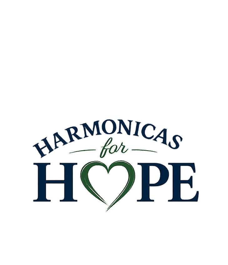 Logo for 'Harmonicas for Hope' with the word 'for' in cursive between 'HARMONICAS' and 'HOPE', and a green heart shape integrated into the letter 'O' in 'HOPE'.