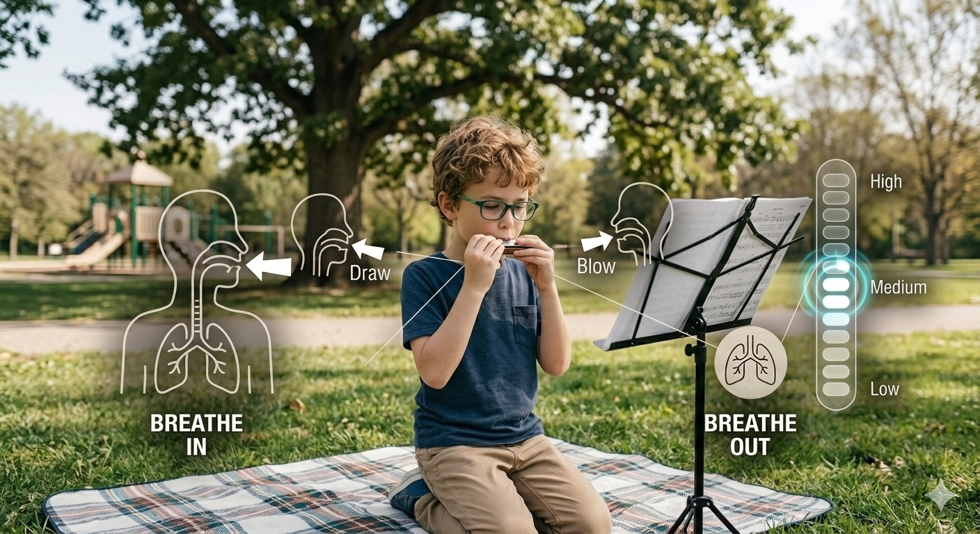 A young boy sitting on a checkered blanket outdoors in a park playing a harmonica with overlay graphics showing the breathing process. The graphics illustrate inhaling through the nose labeled 'BREATHE IN', drawing air into the lungs, then exhaling through the mouth labeled 'BREATHE OUT', blowing air out of the lungs. A vertical bar on the right indicates breath intensity levels from low to high, currently set at medium.