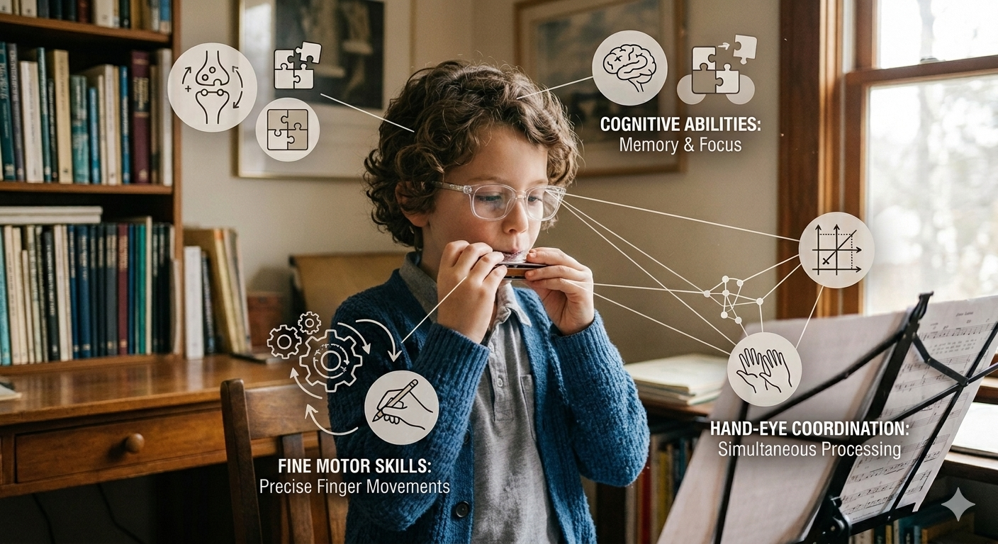 A young boy with glasses and curly hair playing a harmonica in a room with a wooden bookshelf and window. Overlayed digital graphics highlight cognitive abilities, fine motor skills, and hand-eye coordination related to playing the instrument.