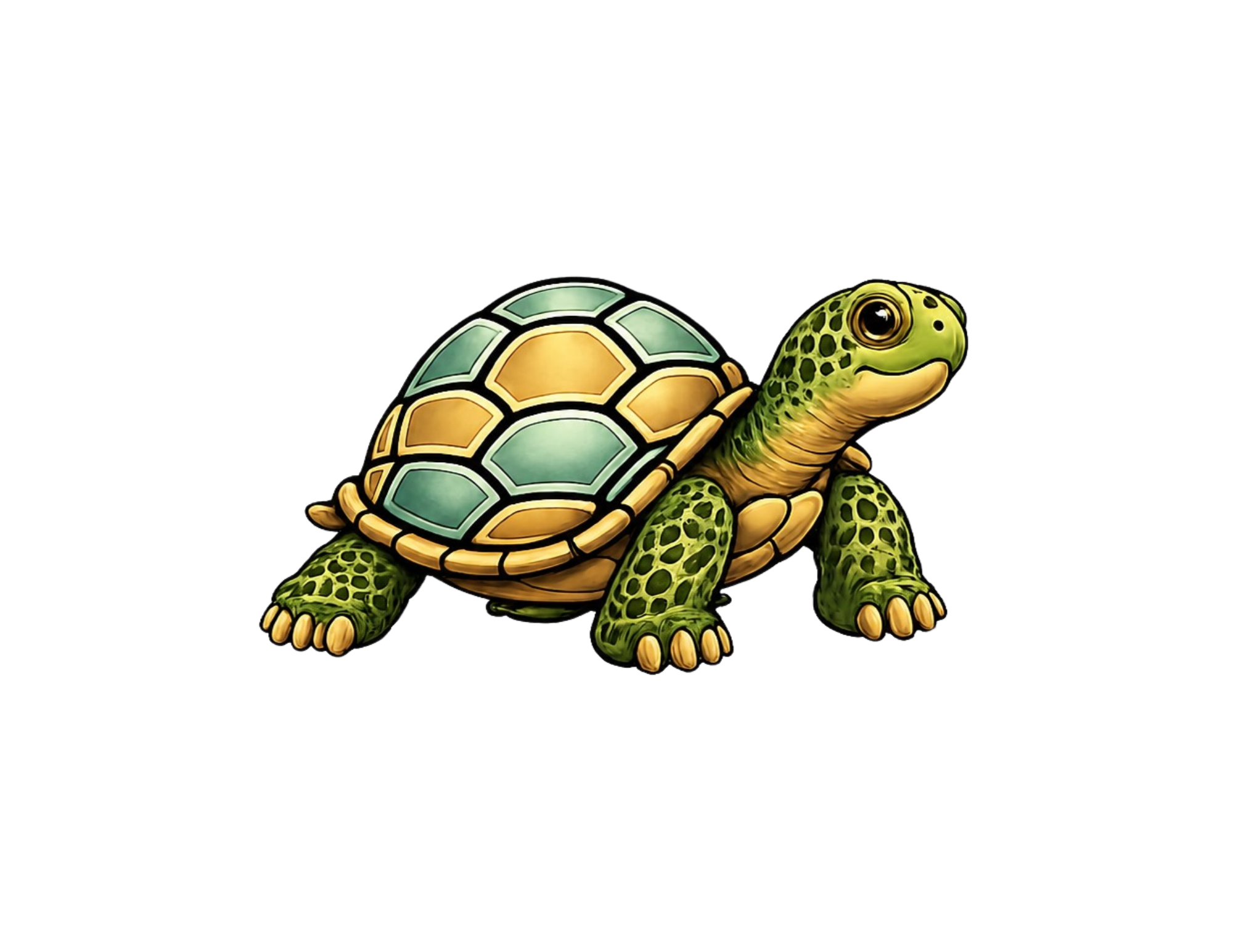 Illustration of a turtle with a green and yellow shell and green skin.
