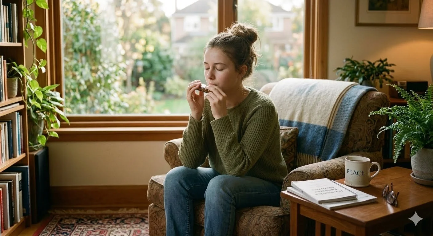 A young woman sitting on a cozy sofa in a living room, playing a harmonica with her eyes closed, surrounded by plants, books, and a window showing a garden outside.