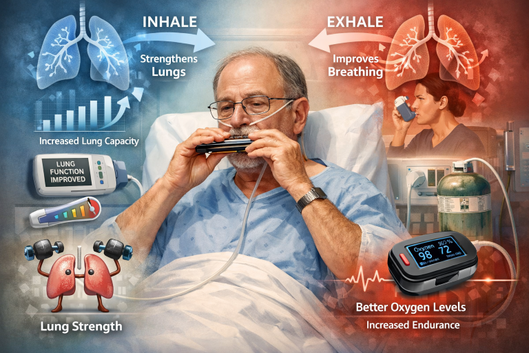 A hospital patient is using a device to improve lung function and strength. The image shows a comparison of inhaling to strengthen lungs and improve breathing, with visual graphics of lungs, oxygen levels, and lung capacity. A woman in the background is using an oxygen monitor, indicating increased oxygen levels and endurance.