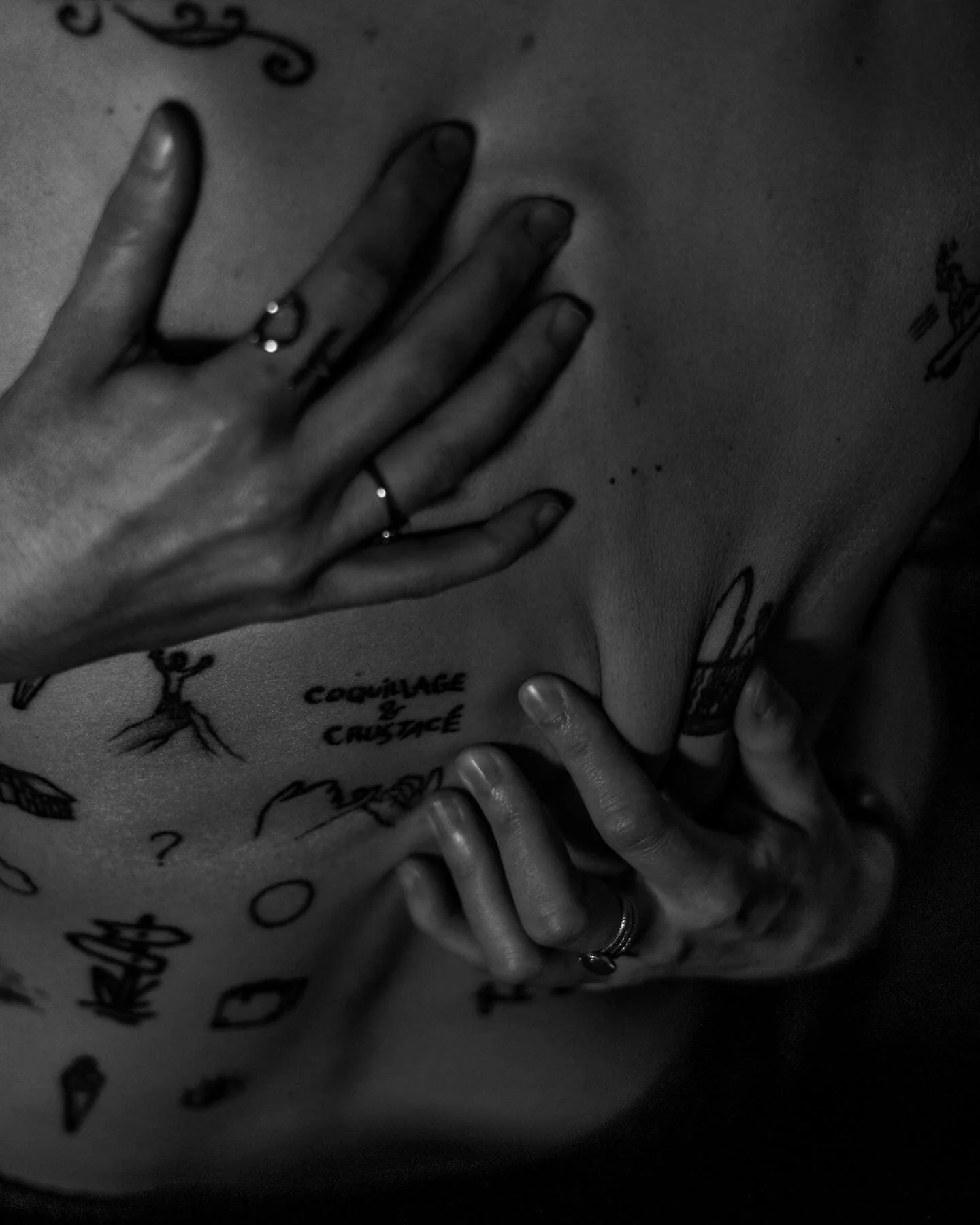 Photo en noir et blanc montrant plusieurs mains posées sur un corps nu. Certaines mains portent des bagues. Il y a des tatouages sur le corps, dont un avec le texte « COGNITION & CRYSTAL ».