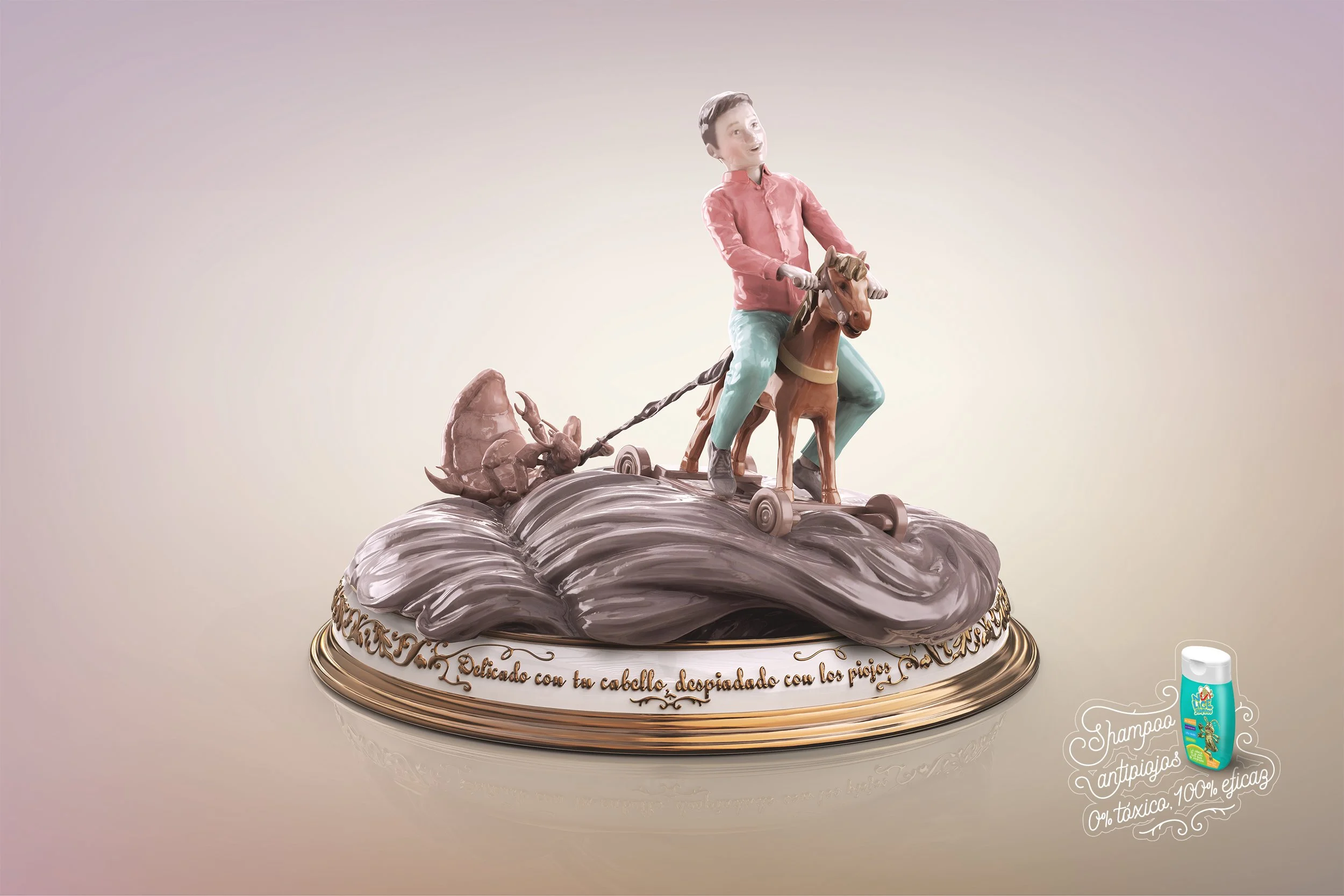 Pastel decorado con figura de un hombre en un caballo de trote, arrastrando un carámbano enroscado con un escorpión, todo sobre una base decorativa.