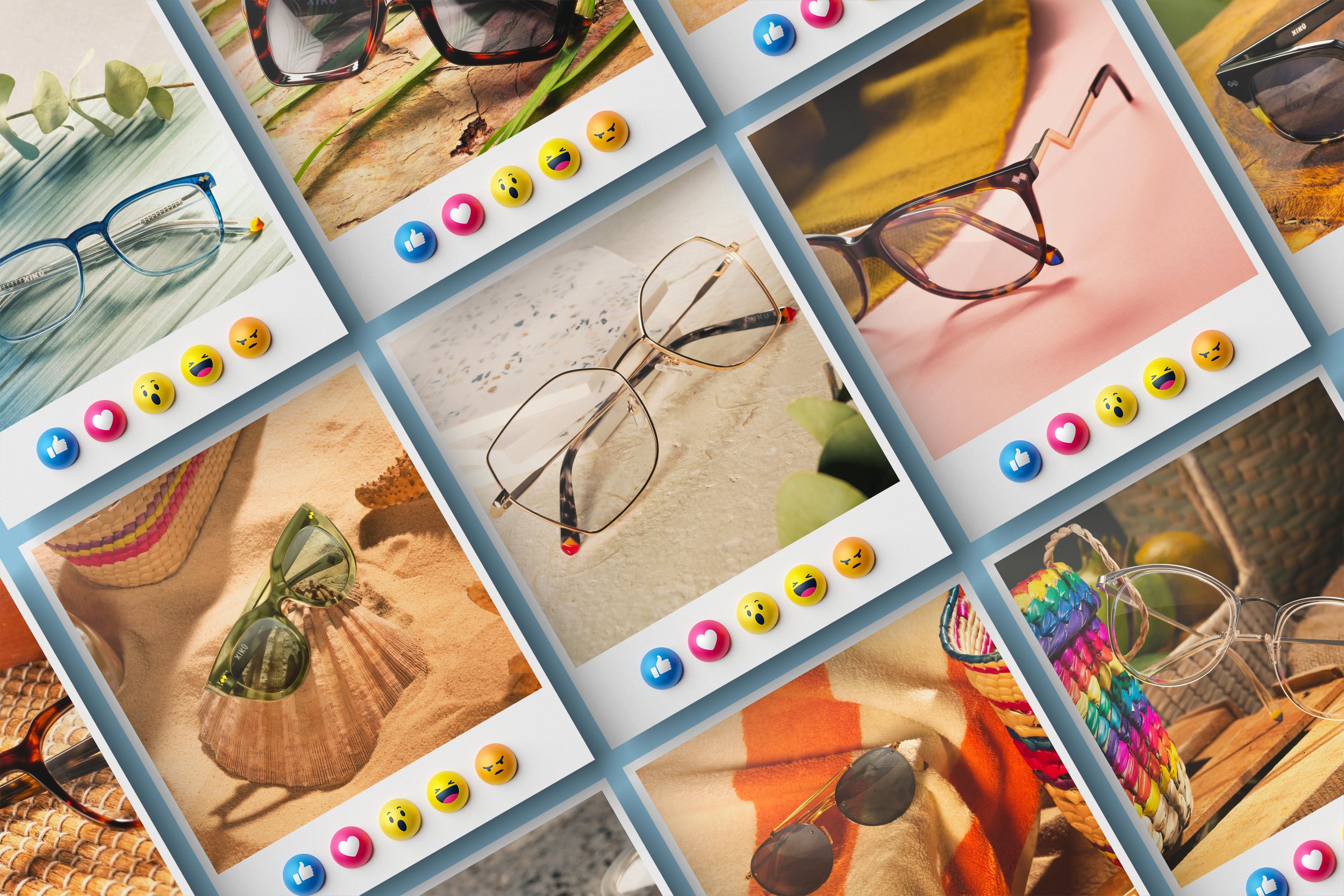 Colección de gafas de sol y accesorios en un ambiente soleado con decoraciones de verano, junto a iconos de redes sociales y emojis de reacciones.