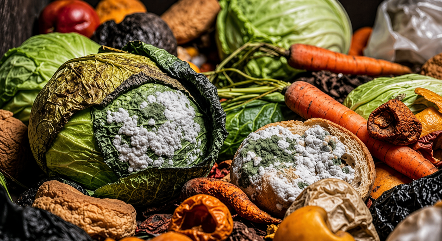 Vegetales y frutas, incluyendo repollo con moho, zanahorias, pepitas, pimientos, y otros vegetales y frutas en la imagen.