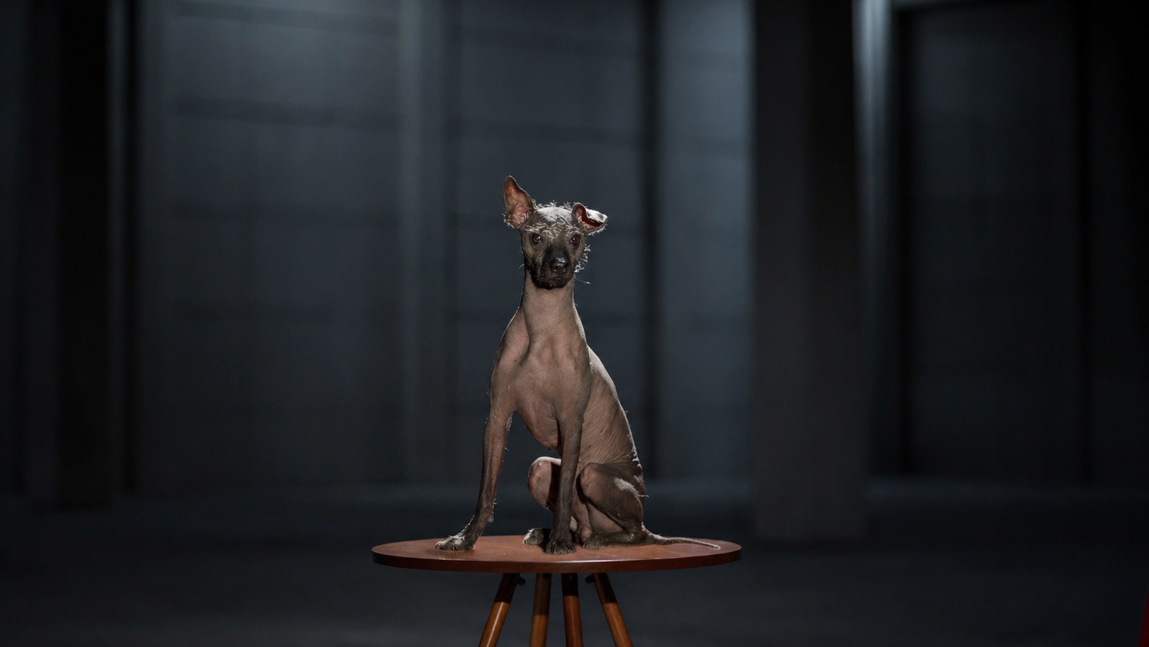 Perro sin pelo, con una oreja doblada, sentado sobre una mesa de madera, en un ambiente oscuro con luz enfocada en el perro.