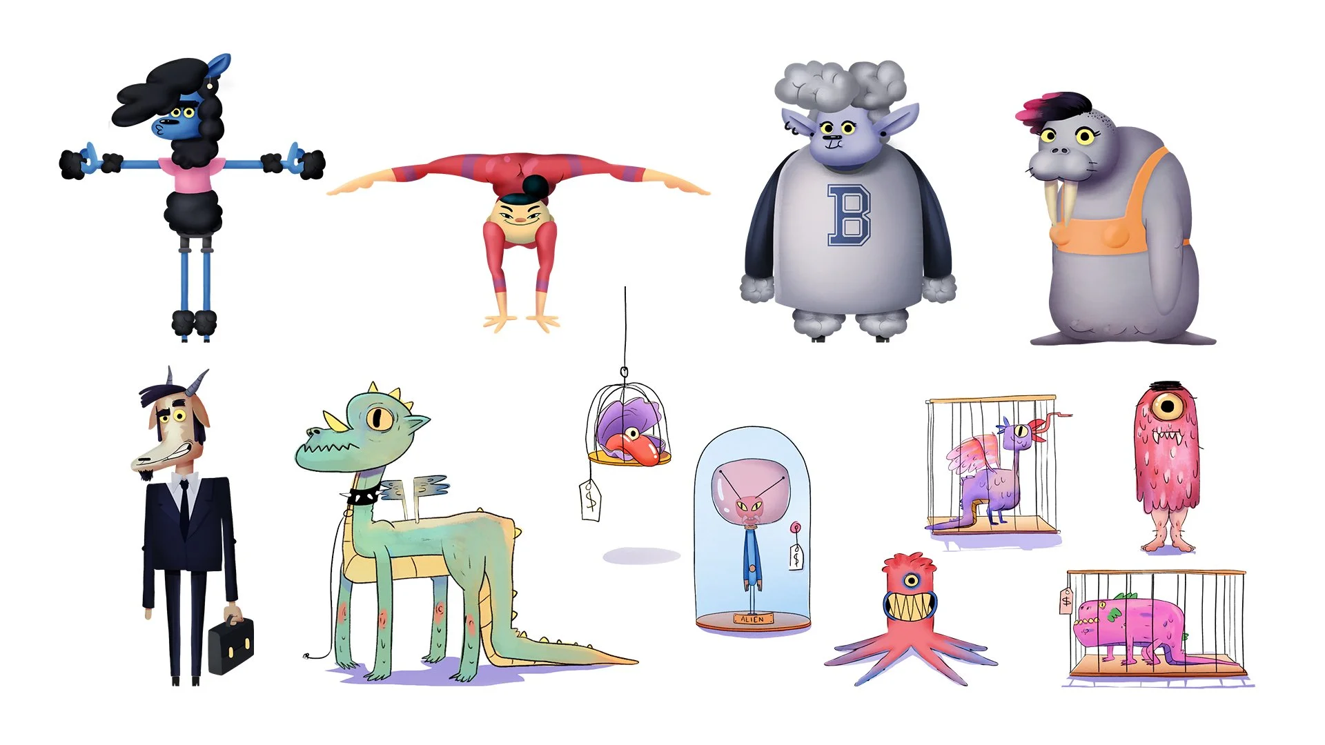 Varias criaturas fantásticas y personajes caricaturescos con formas y colores diferentes. Desde un unicornio con un peinado punk, criaturas con cuerpos en formas variadas, monstruos, un dragón, un alienígena, y personajes con estilos únicos y expresivos en un fondo blanco.