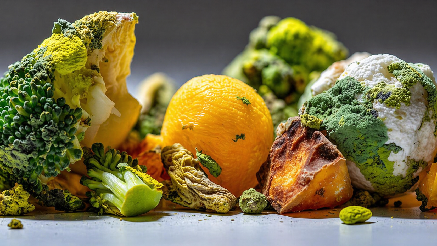 Varias piezas de brócoli, un limón, y fragmentos de una calabaza, algunos en primer plano y otros en el fondo, con fondo oscuro.