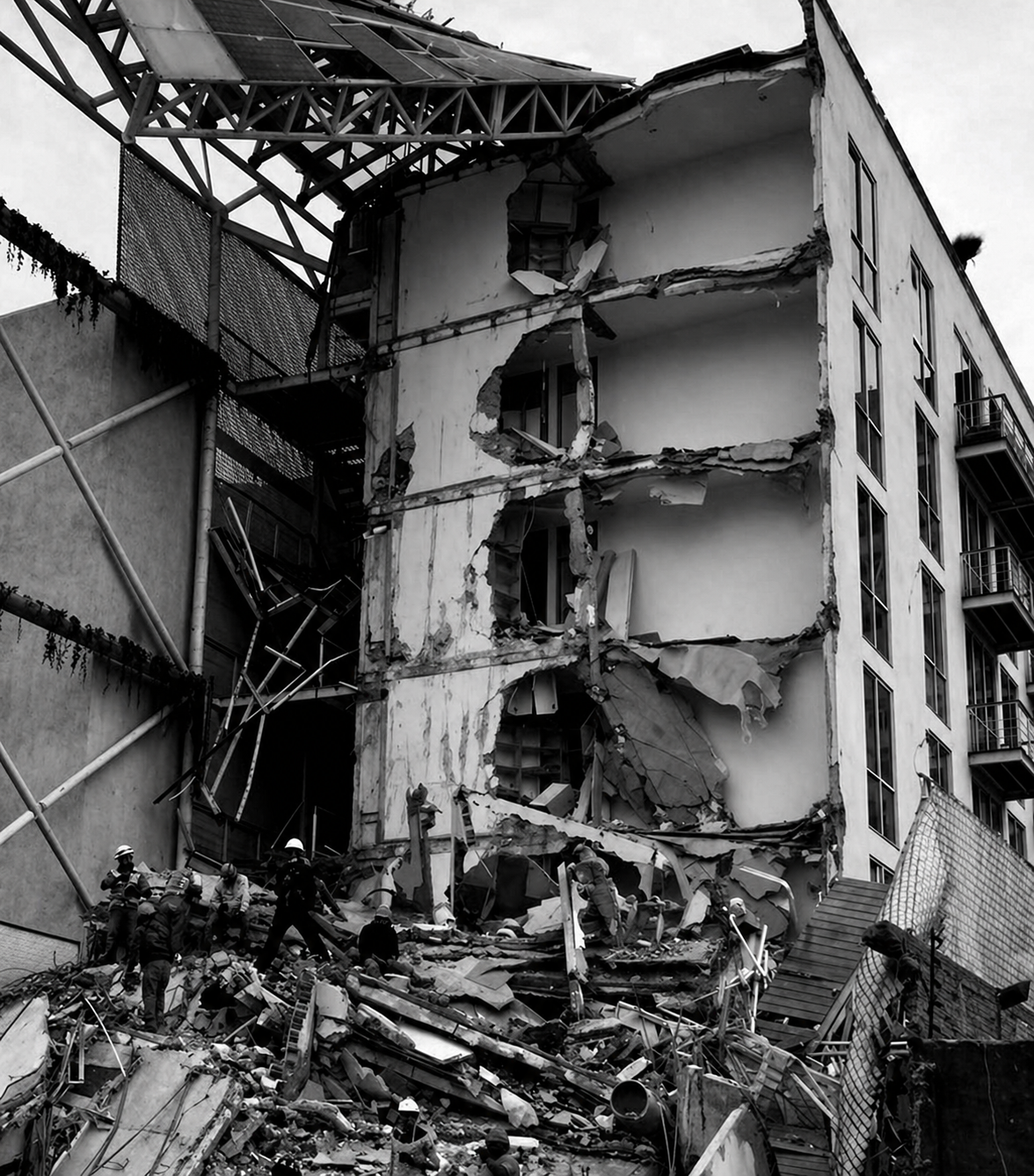 Edificio colapsado con daños severos y escombros. Trabajadores con cascos en la escena del desastre.
