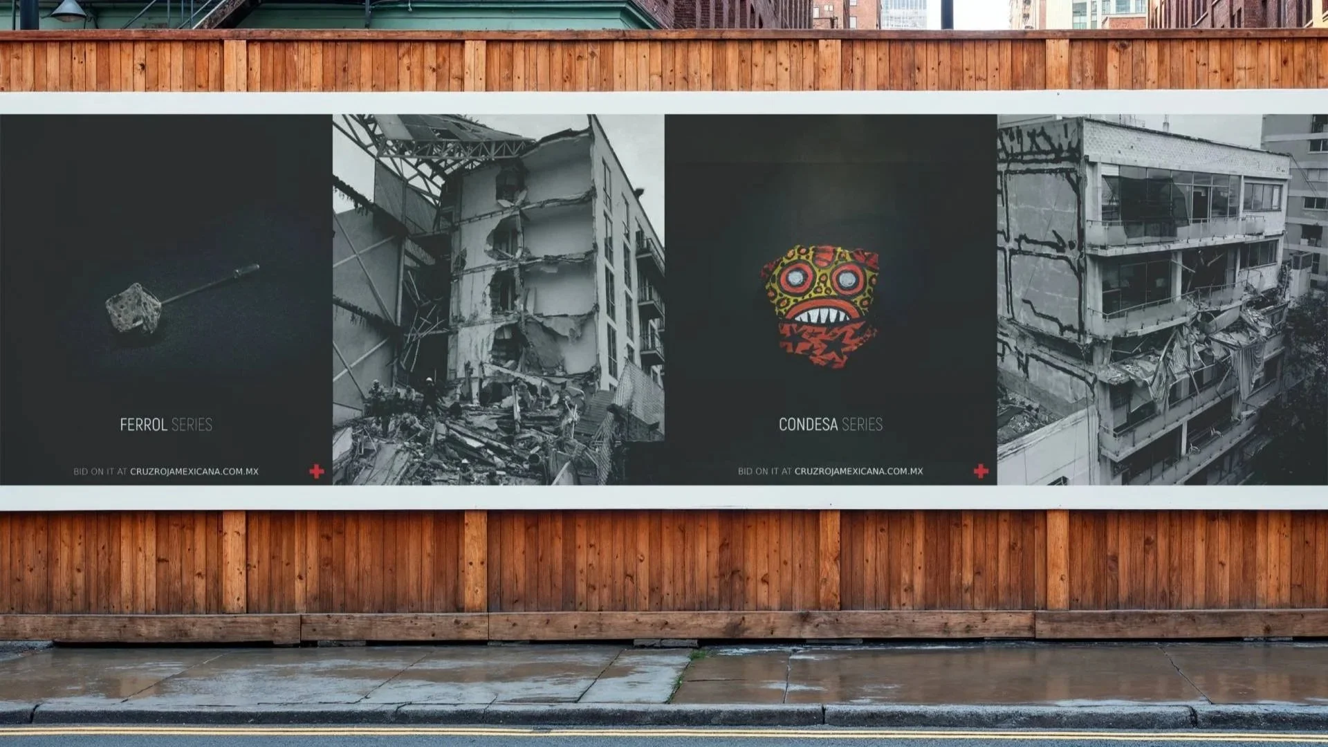 Cartel de arte urbano con imágenes de edificios dañados y graffiti, marcas de diferentes series llamada Ferrol y Condesa, en un muro de madera.