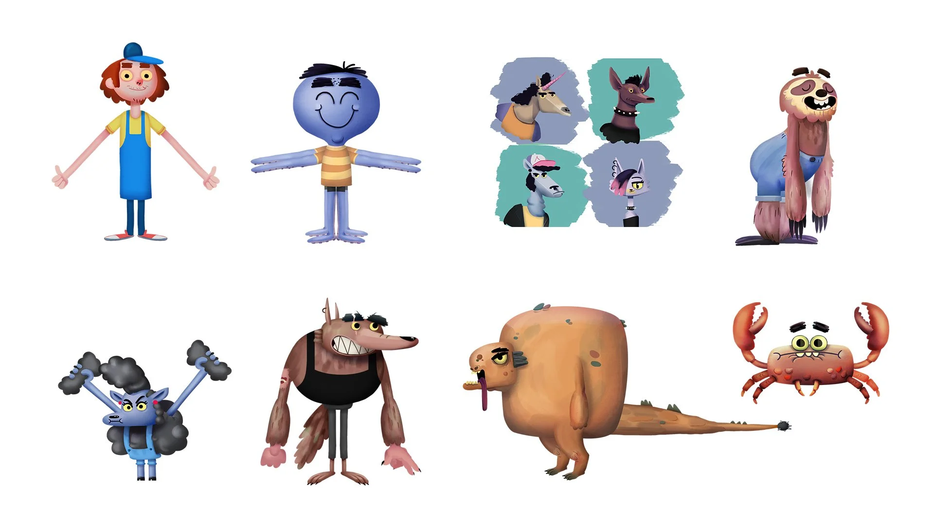 Personajes caricaturescos de diferentes animales y criaturas fantásticas, algunos de ellos con expresiones amigables o cómicas, algunos en cuadrantes y otros en fila, en un fondo blanco.