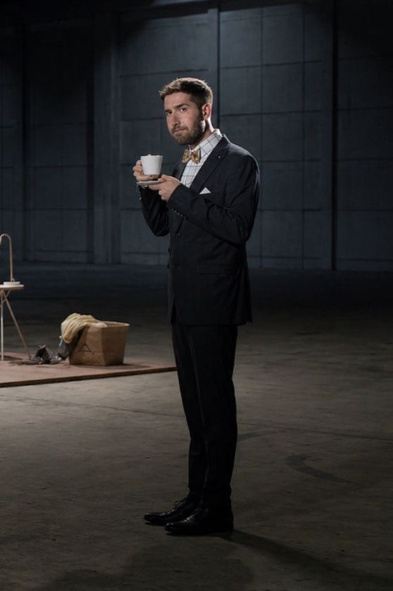 Hombre con barba y traje oscuro, con moño dorado, sosteniendo una taza de café en una mano y un plato pequeño en la otra, en un espacio grande y vacío con paredes grises.