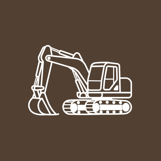 Outline illustration of a compact excavator on a brown background.