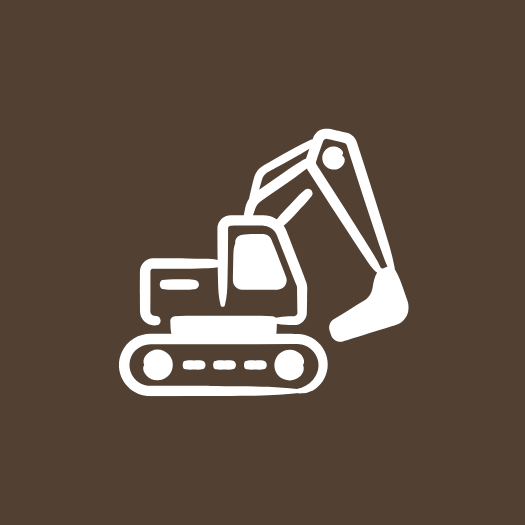 White outline of an excavator on a brown background.