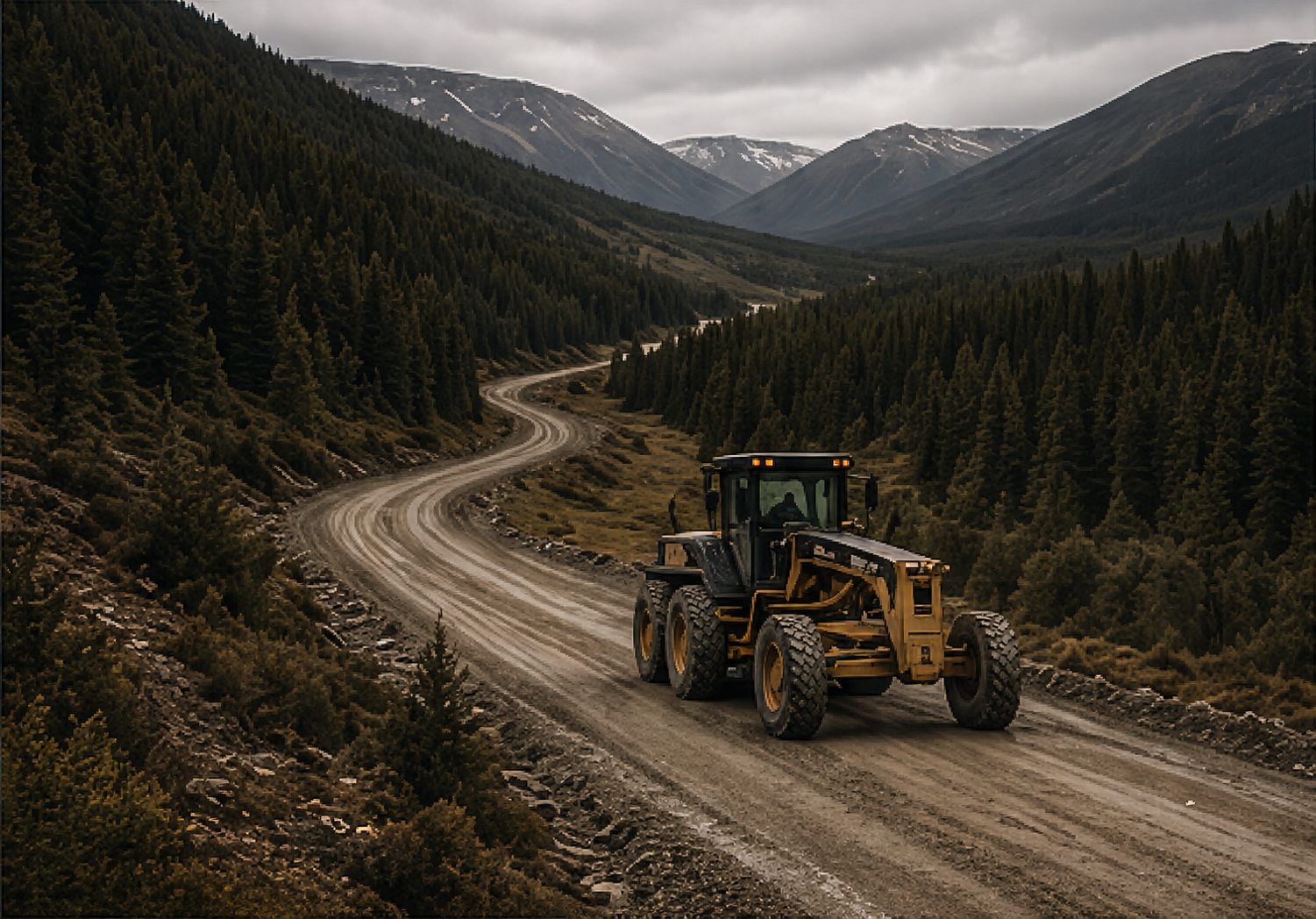 A yellow construction vehicle, possibly a grader, working on a winding dirt road in a mountainous forested area with pine trees and snow-capped peaks under cloudy skies.