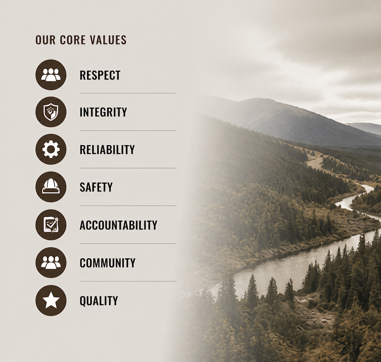 A list titled 'Our Core Values' with icons and words: Respect, Integrity, Reliability, Safety, Accountability, Community, and Quality, over a background of a mountainous landscape with a river and cloudy sky.