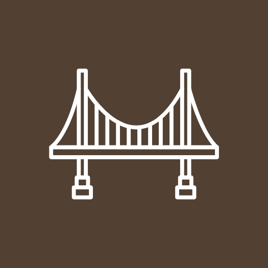 Outline of a suspension bridge on a brown background.