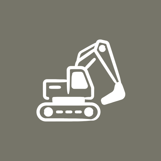 Icon of a construction excavator on a gray background.