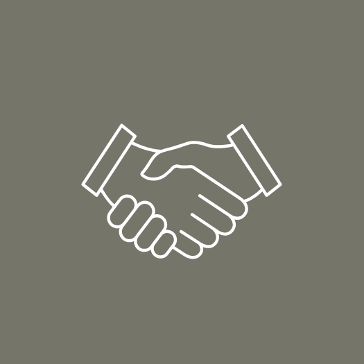Outline drawing of a handshake against a gray background.