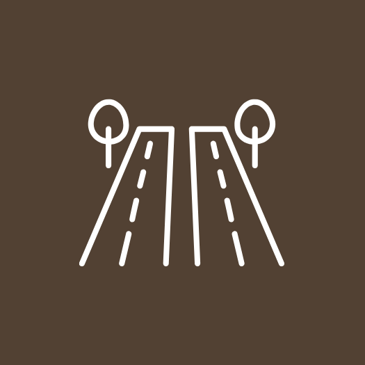 Simple line drawing of a two-lane road with trees on both sides, on a brown background.