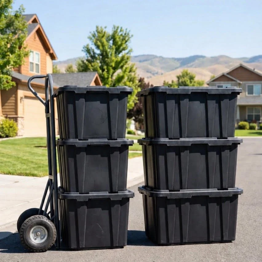 A hand truck loaded with six large black plastic storage bins on a residential street with houses, trees, and mountains in the background.