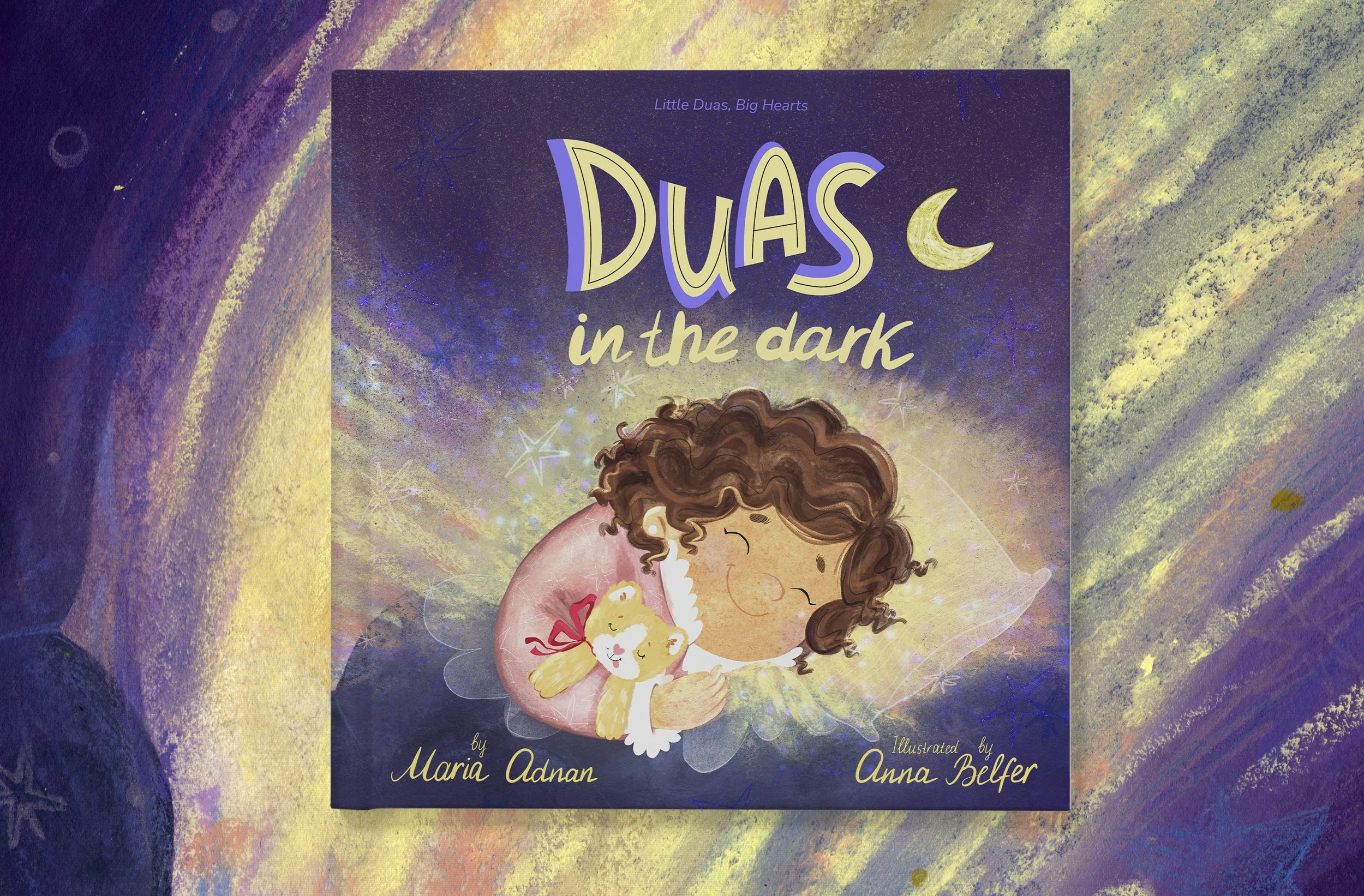 Duas in the Dark book, girl sleeping on soft pillow snuggling her toy cat, with a big smile on her face