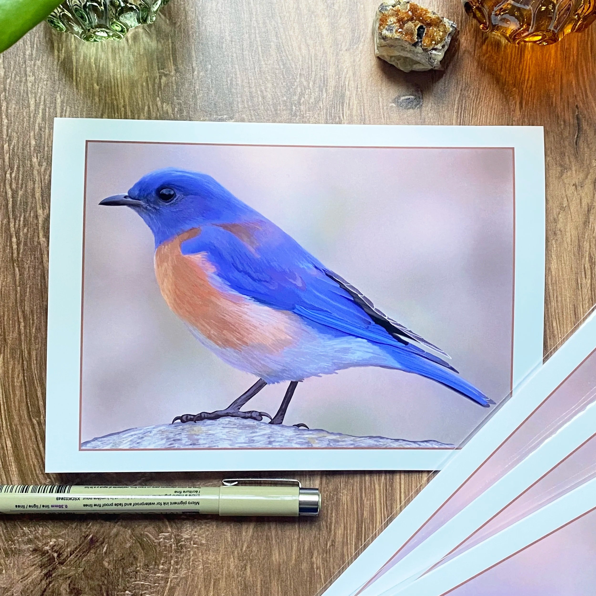 Photograph of a printed image of a bluebird on a piece of paper, positioned on a wooden surface with decorative glass objects and a green pen nearby.
