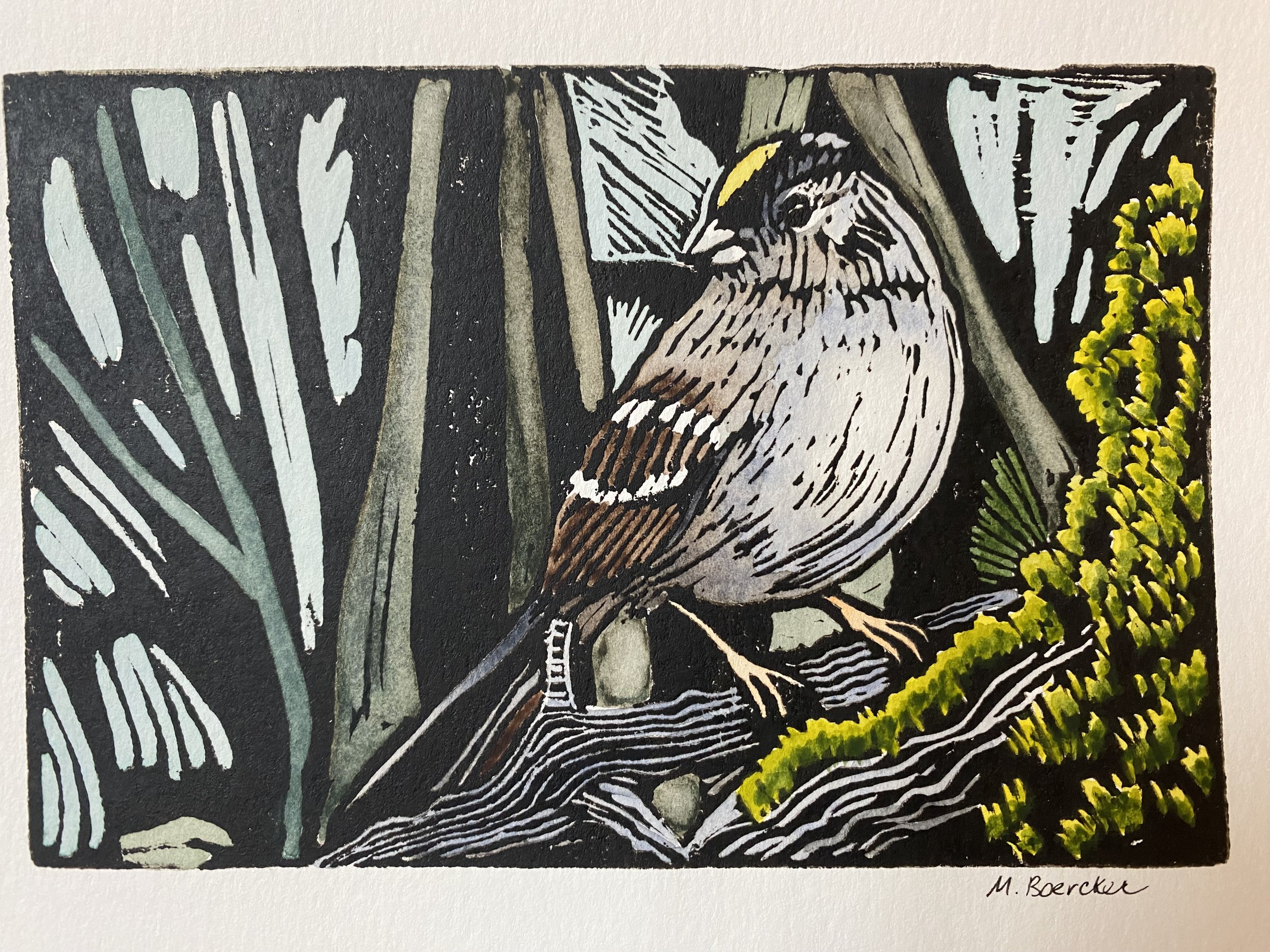 A painting depicting a bird perched among stylized plants and yellow flowers, with bold black and white line work and muted greens and browns.