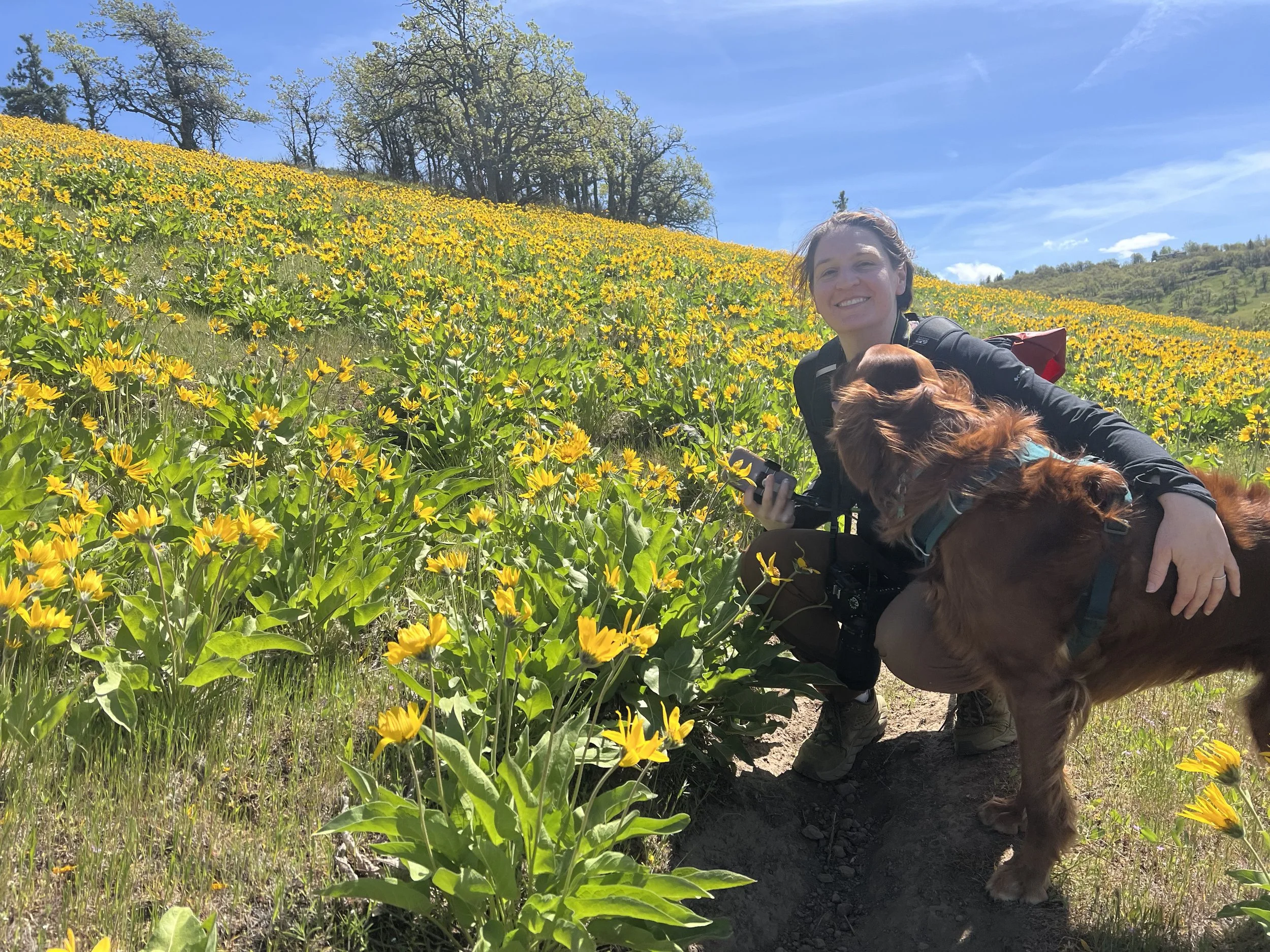 A woman smiling with a backpack and a dog sitting among yellow wildflowers on a hillside under a blue sky.