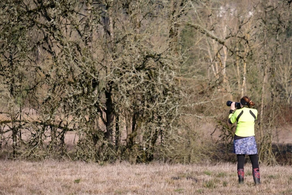 A woman in a bright yellow jacket and a floral skirt is standing on a grassy field, taking photos of a large tree with her camera.