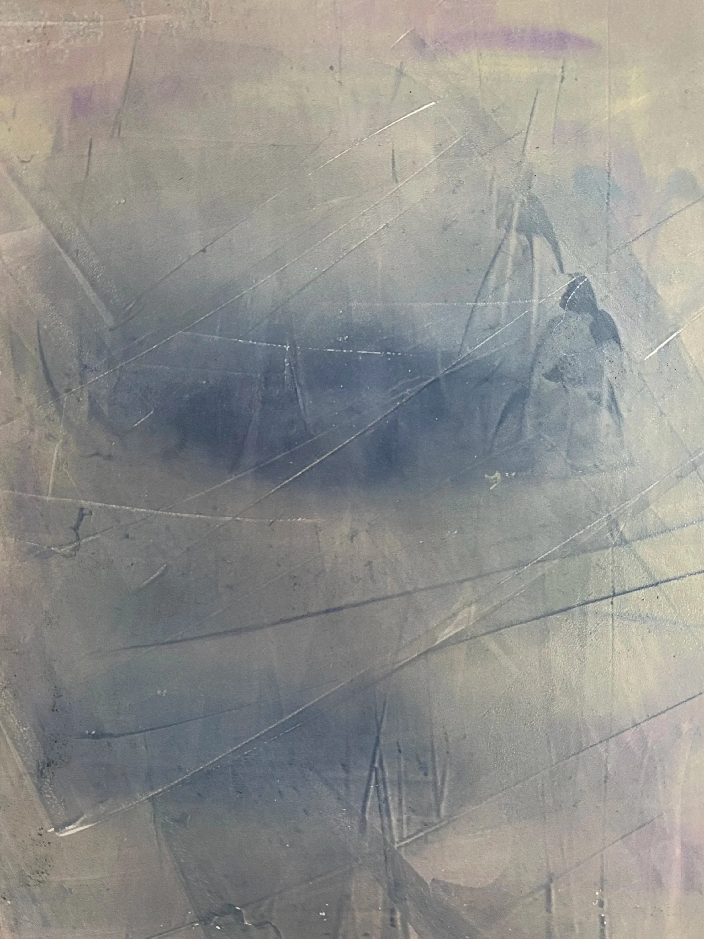 Abstract gel plate monotype print in muted blue and cream.