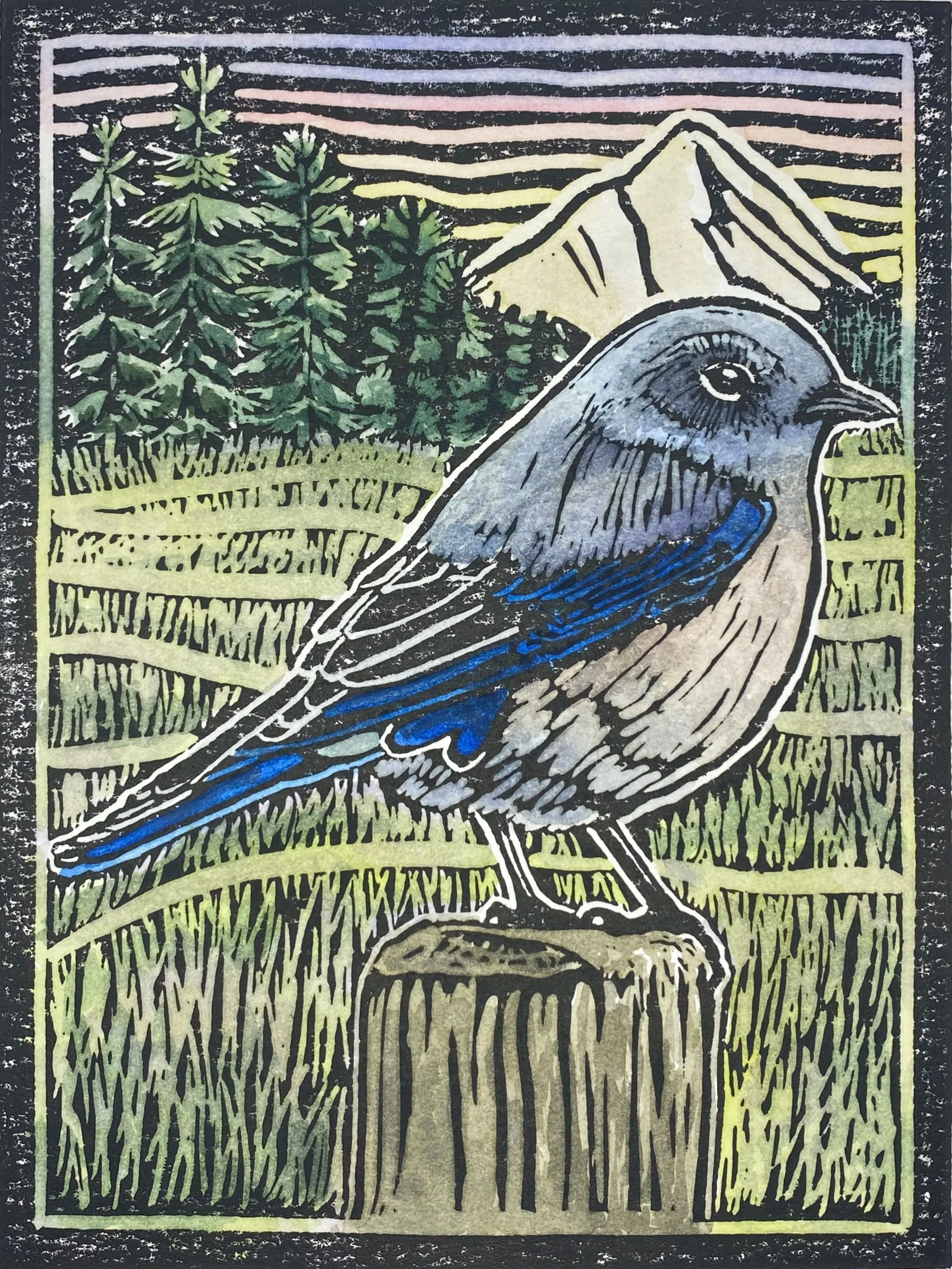 A stylized illustration of a bird perched on a tree stump with a mountain in the background, trees, and a sunset or sunrise sky with colored lines.