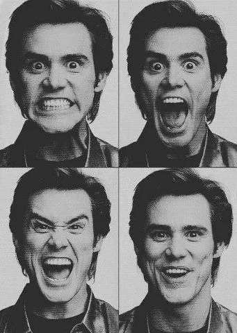 A collage of four black-and-white photos of the same man making different expressive faces: top left is a wide-eyed, toothy grimace; top right is a mouth open in surprise or shout; bottom left is a wide open-mouthed smile or laugh; bottom right is a subtle smile.