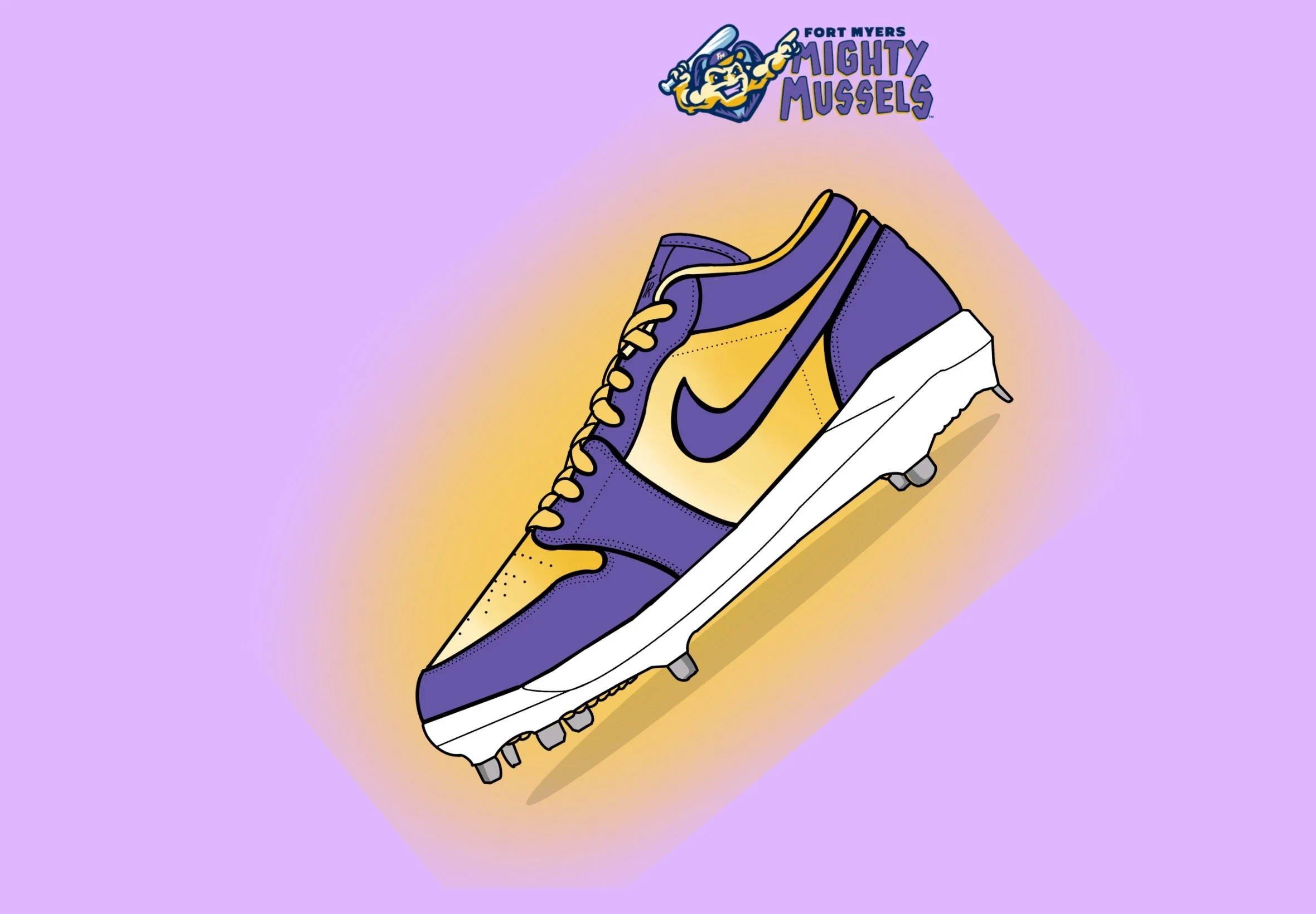 An illustration of a Nike sneaker in purple and yellow colors.