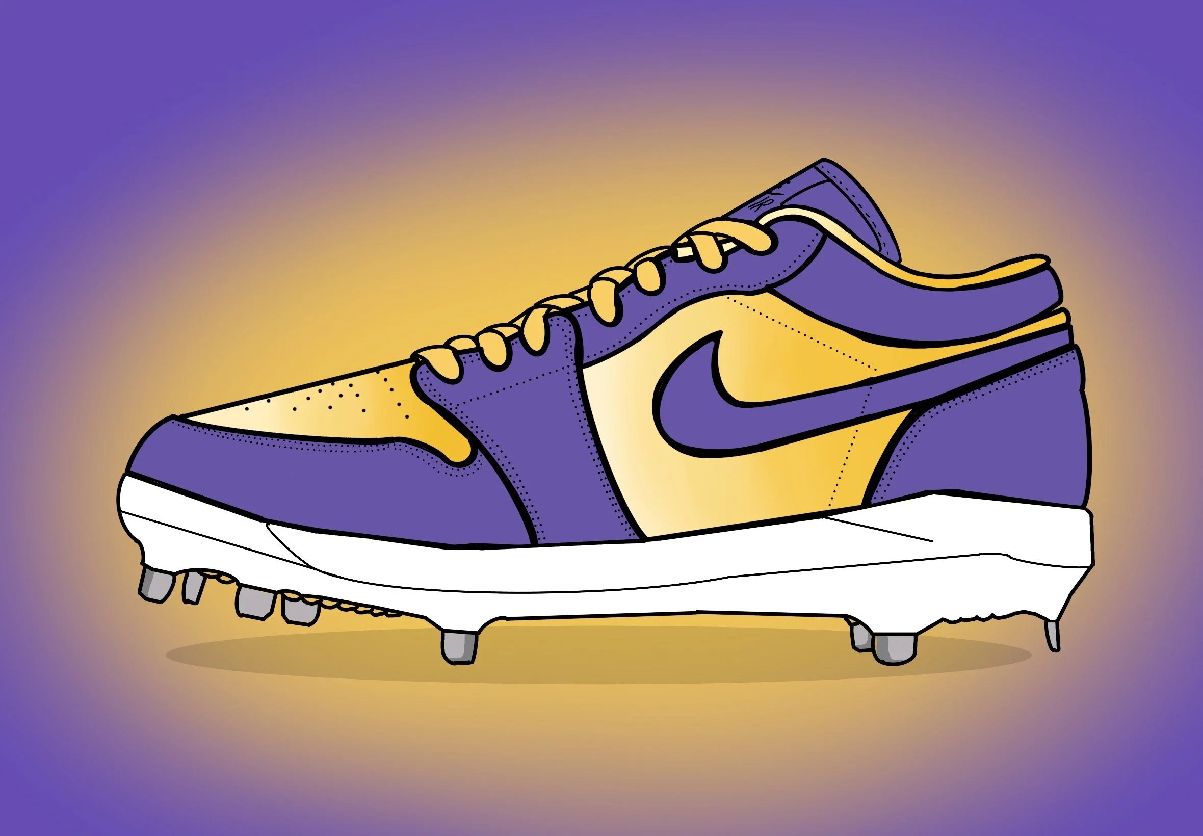 Digital illustration of a purple and yellow athletic shoe on a gradient purple and yellow background.