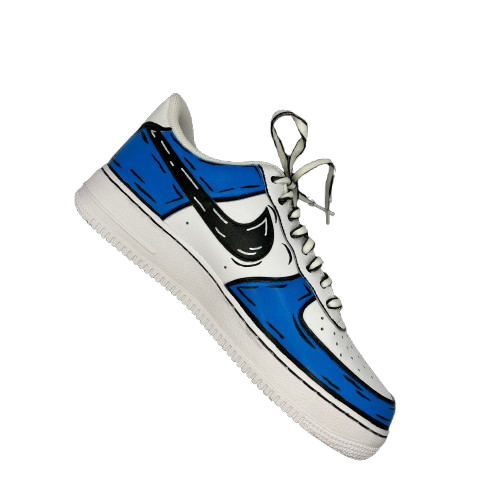 Stylized sneaker with blue, white, and black colors and a Nike swoosh logo.