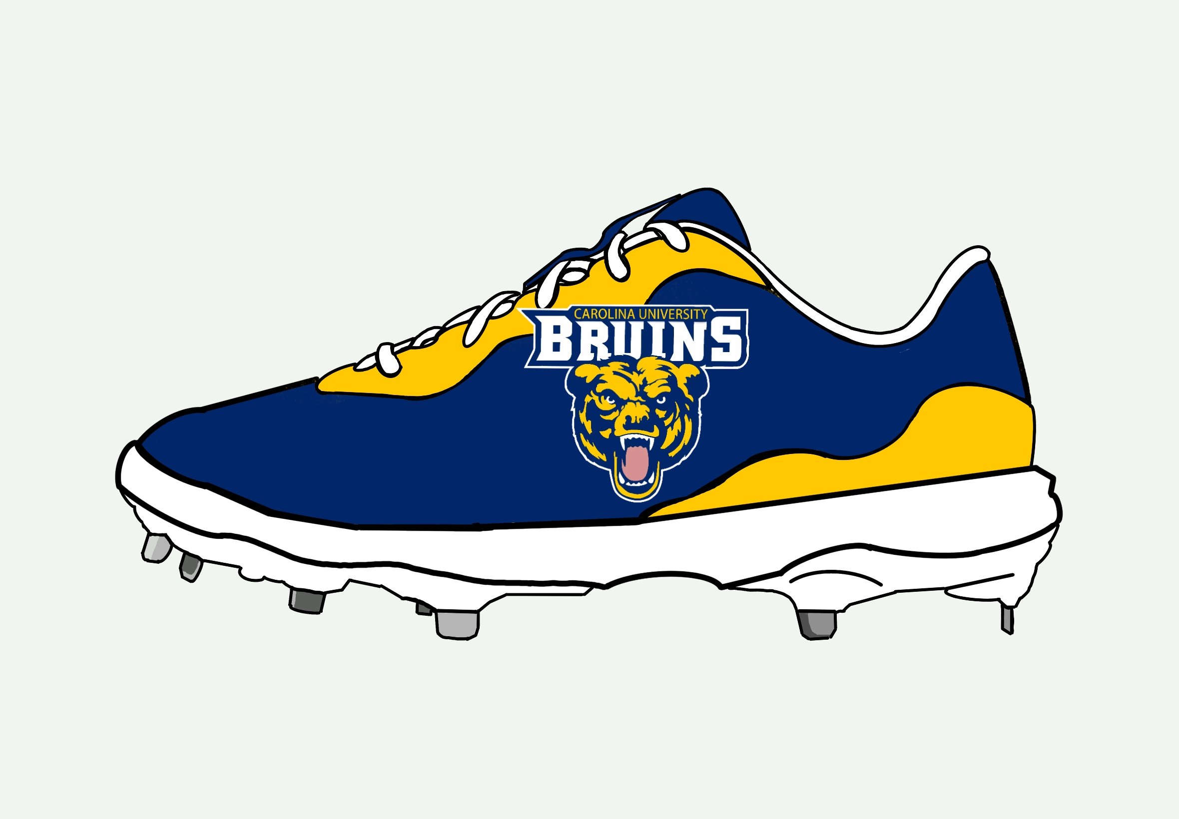 A drawing of a sneaker shoe in Carolina University Bruins colors with a Bruins logo, placed on a black and white striped surface.