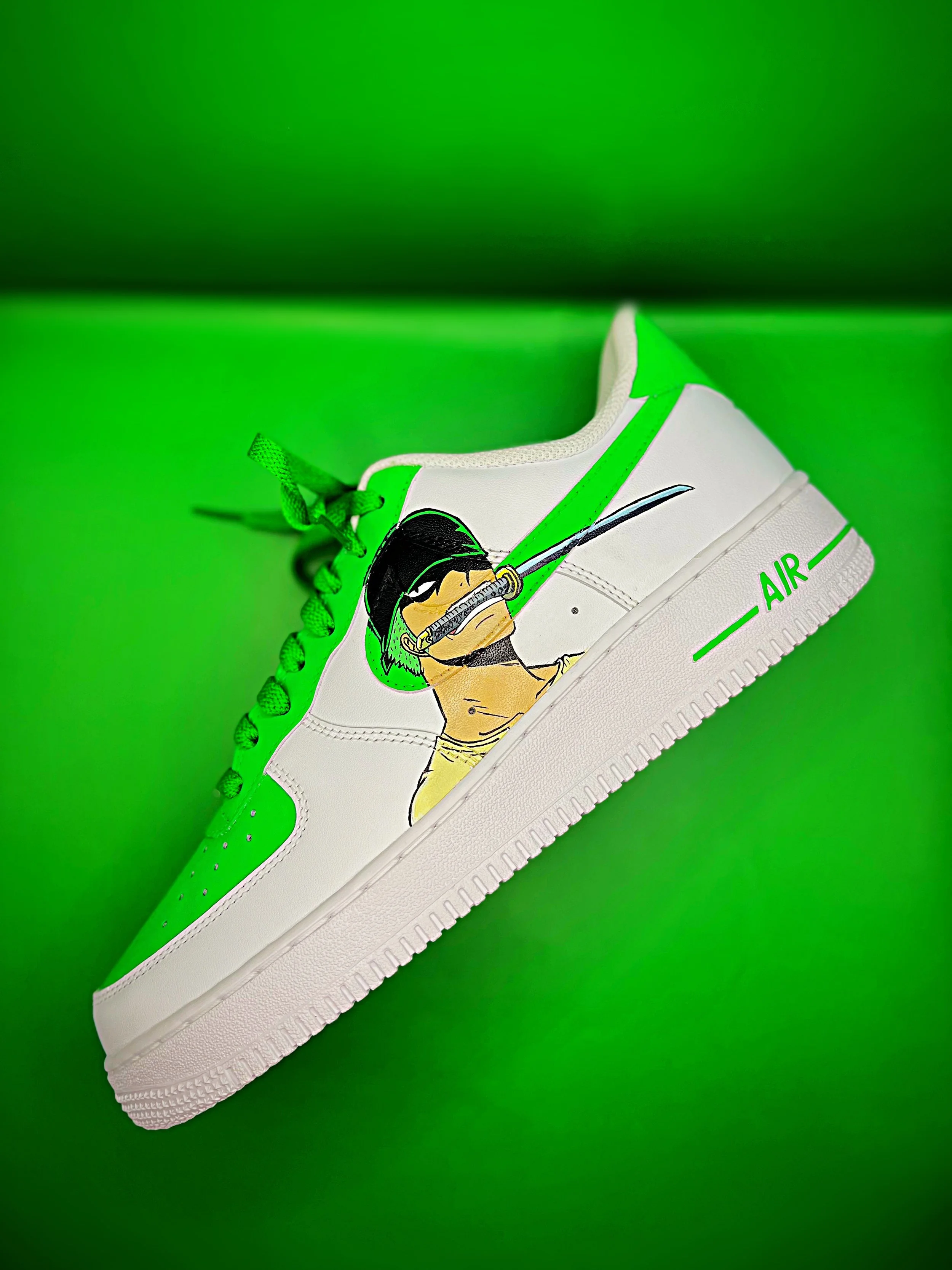 A white sneaker with green accents and a cartoon design of a woman with short hair, sunglasses, and a choker, on a bright green background.