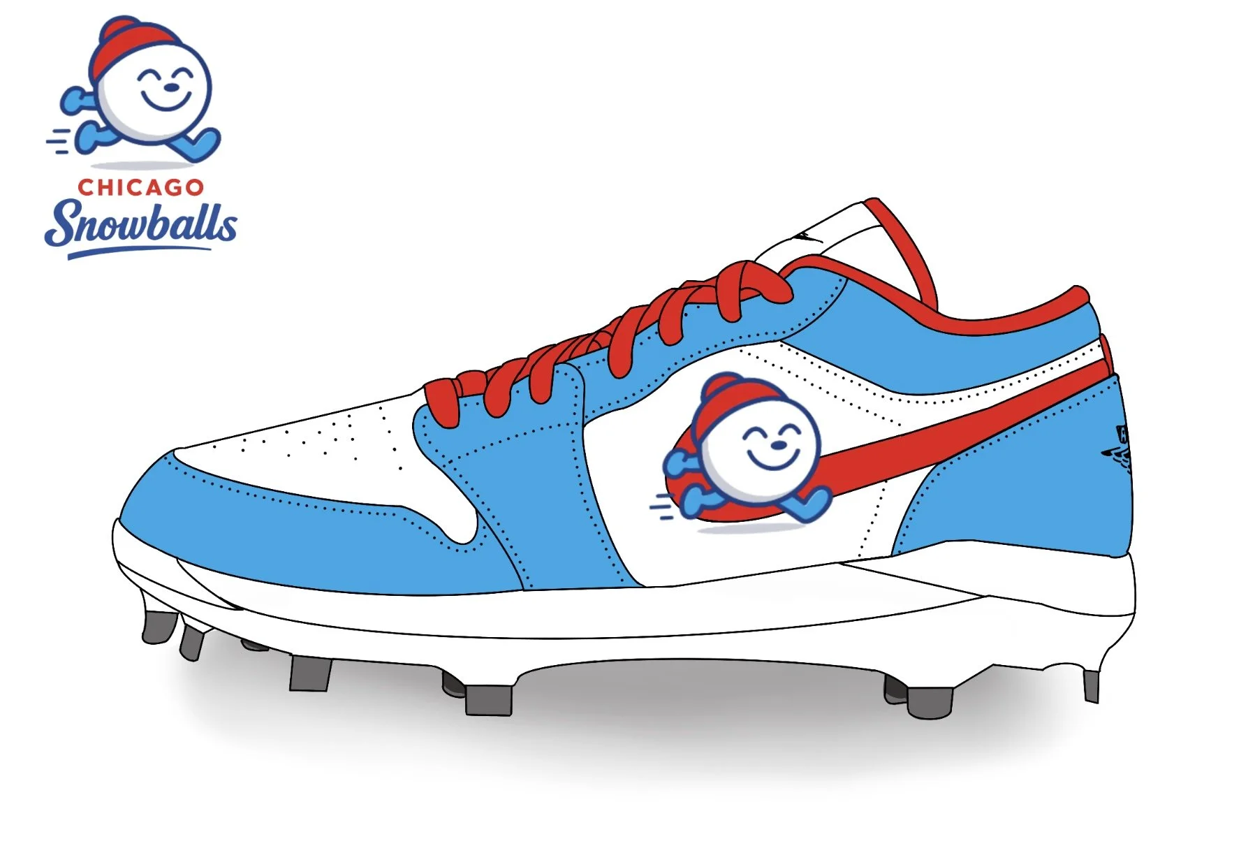Illustration of a blue, white, and red Chicago Snowballs sports shoe with red laces and a logo featuring a smiling snowball character in a red hat, representing Chicago Snowballs.