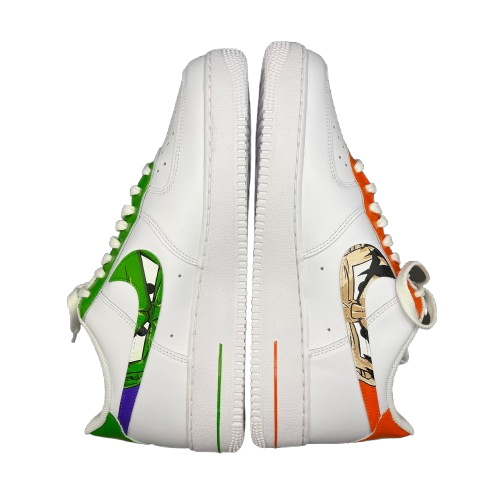 Pair of white sneakers with colorful, abstract designs on the sides, positioned with soles together and laces on each side, against a black background.